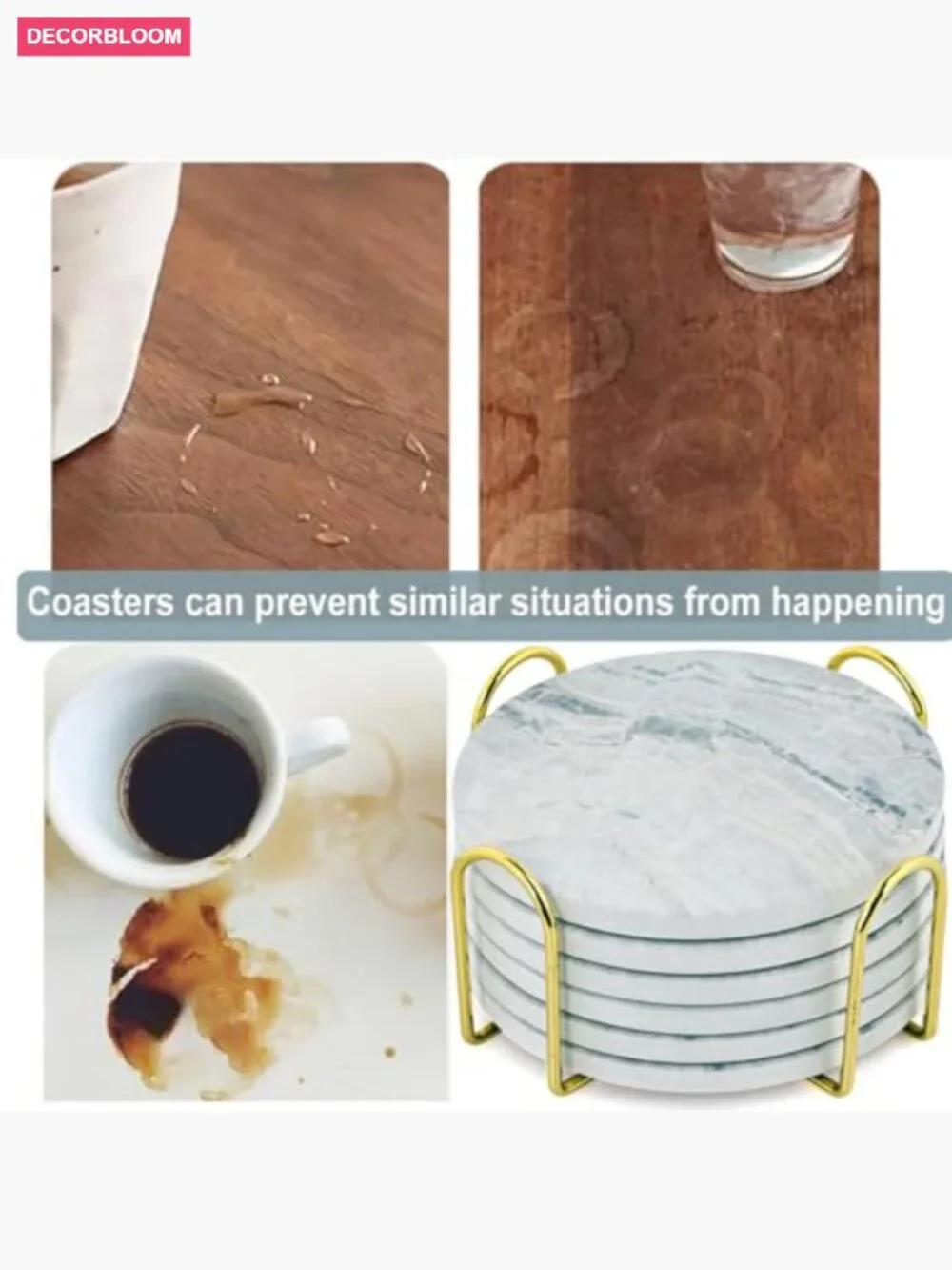 6Pcs Marble Ceramic Coasters with Cork Base for Table Protection
